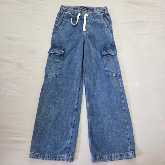 Gap High Rise Wide Leg Blue Denim Cargo Pants XS Womens Stretchy 26 Inch Waist - Picture 1 of 12